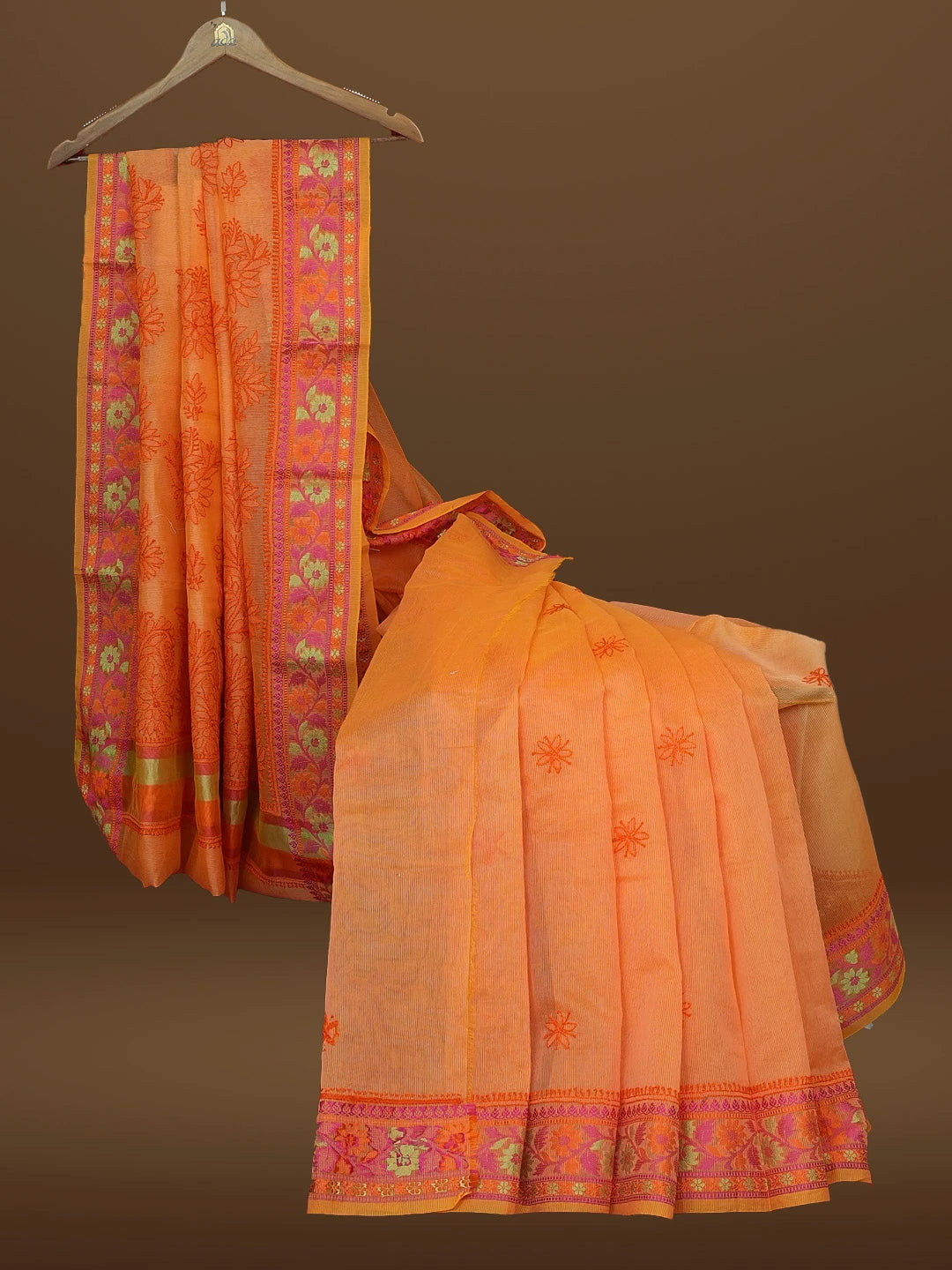 Ada Hand Embroidered Orange Chanderi Lucknowi Chikankari Saree With Blouse 01A582181