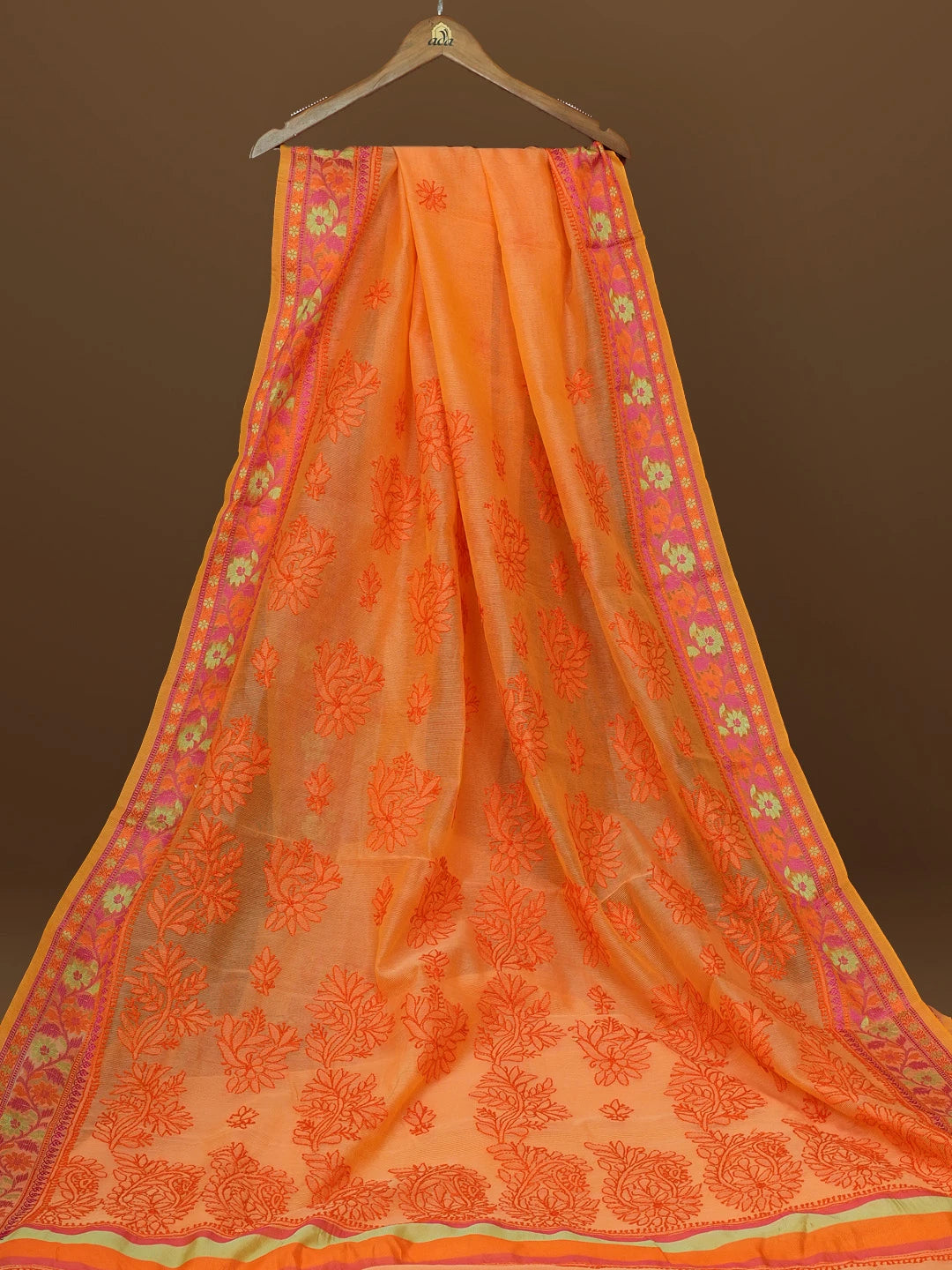 Ada Hand Embroidered Orange Chanderi Lucknowi Chikankari Saree With Blouse 01A582181
