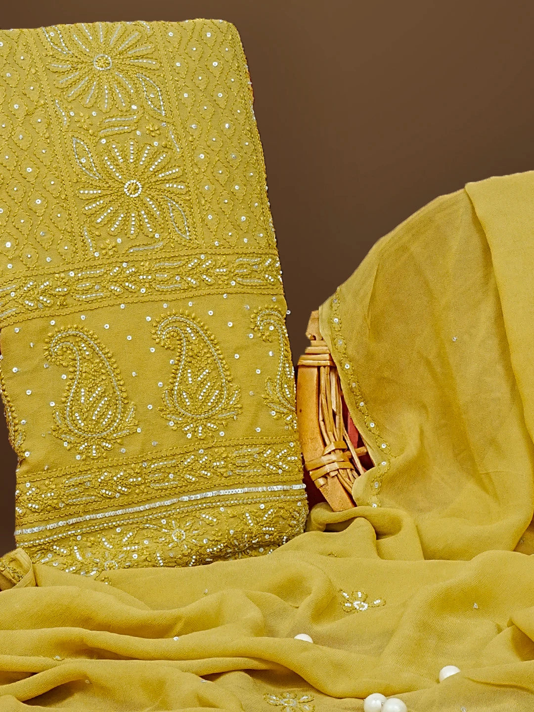 Ada Hand Embroidered Mehandi Green Viscose Georgette Lucknowi Chikankari Unstitched Kurta Dupatta Set With Pearl Work 01A446792