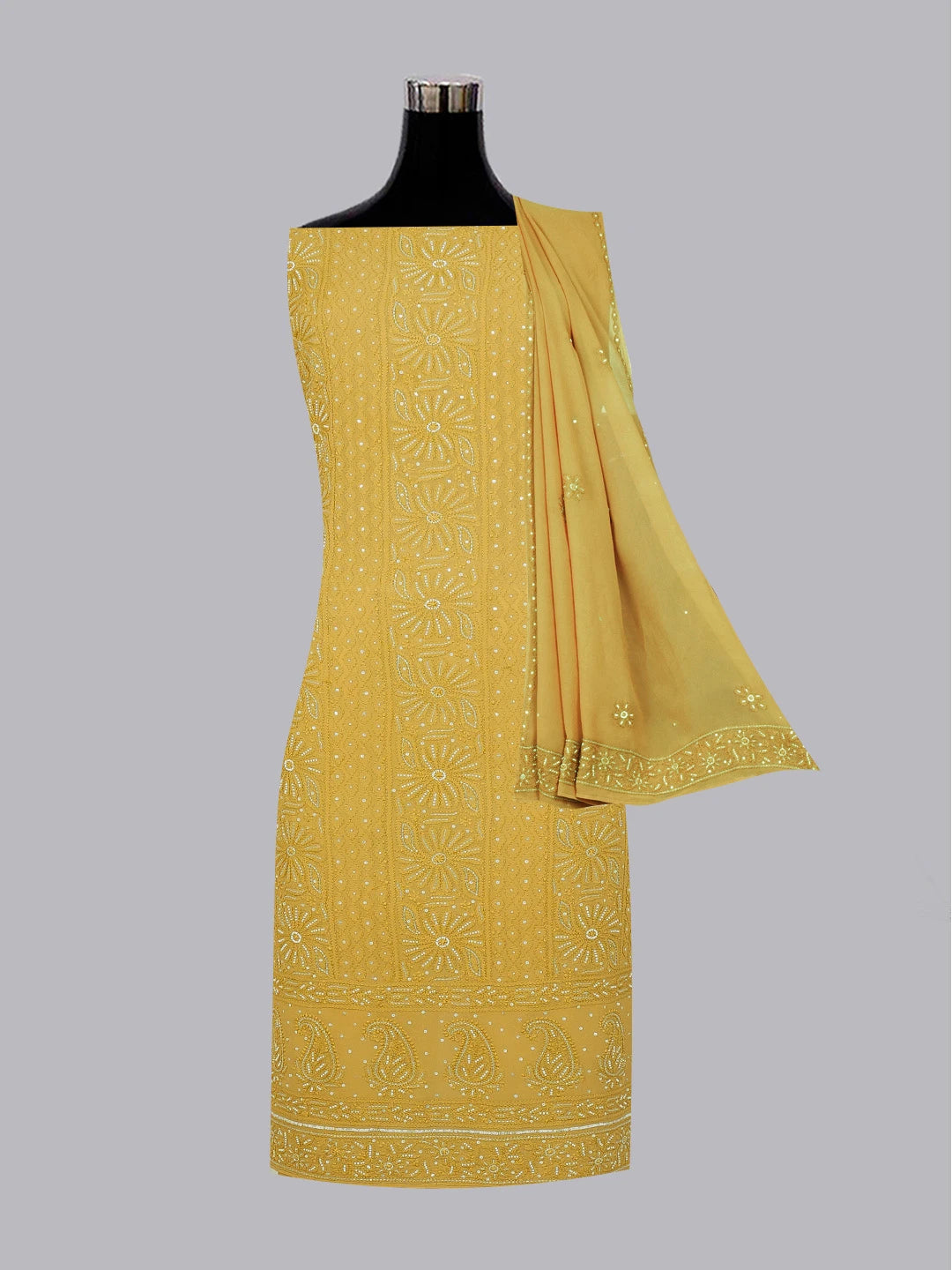 Ada Hand Embroidered Mehandi Green Viscose Georgette Lucknowi Chikankari Unstitched Kurta Dupatta Set With Pearl Work 01A446792