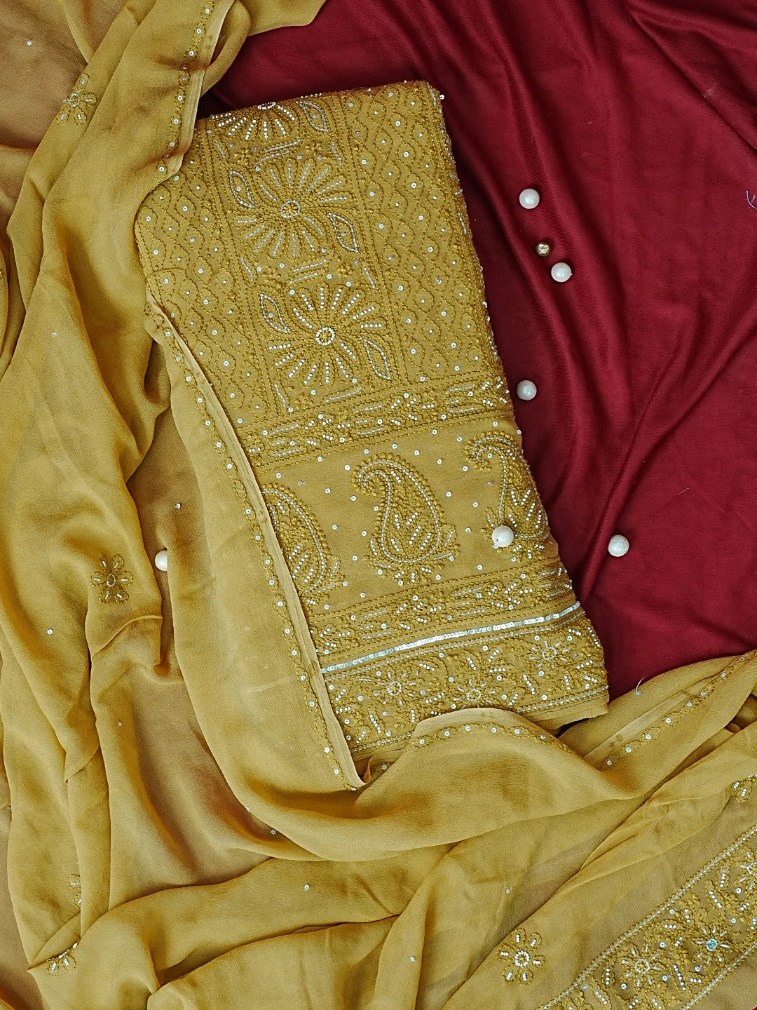 Ada Hand Embroidered Mehandi Green Viscose Georgette Lucknowi Chikankari Unstitched Kurta Dupatta Set With Pearl Work 01A446792