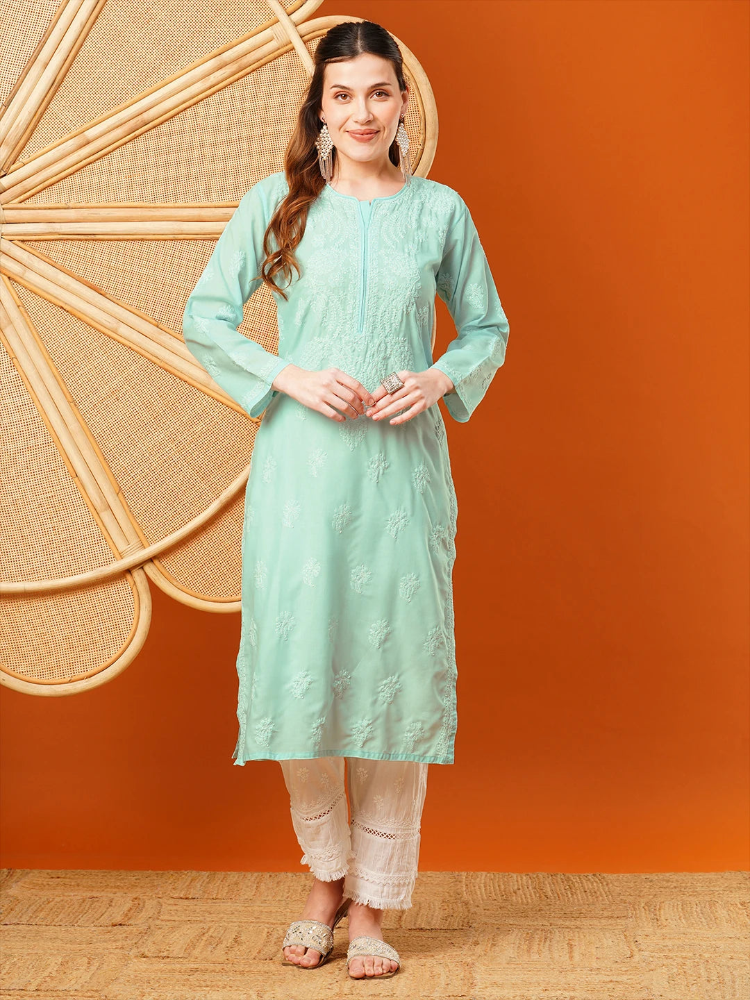 Ada Hand Embroidered Sea Green Cotton Lucknowi Chikankari Straight Kurta A411601