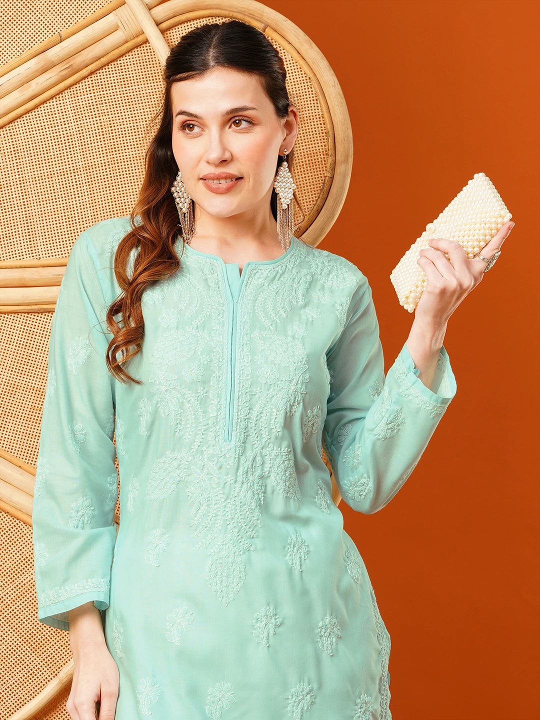 Ada Hand Embroidered Sea Green Cotton Lucknowi Chikankari Straight Kurta A411601