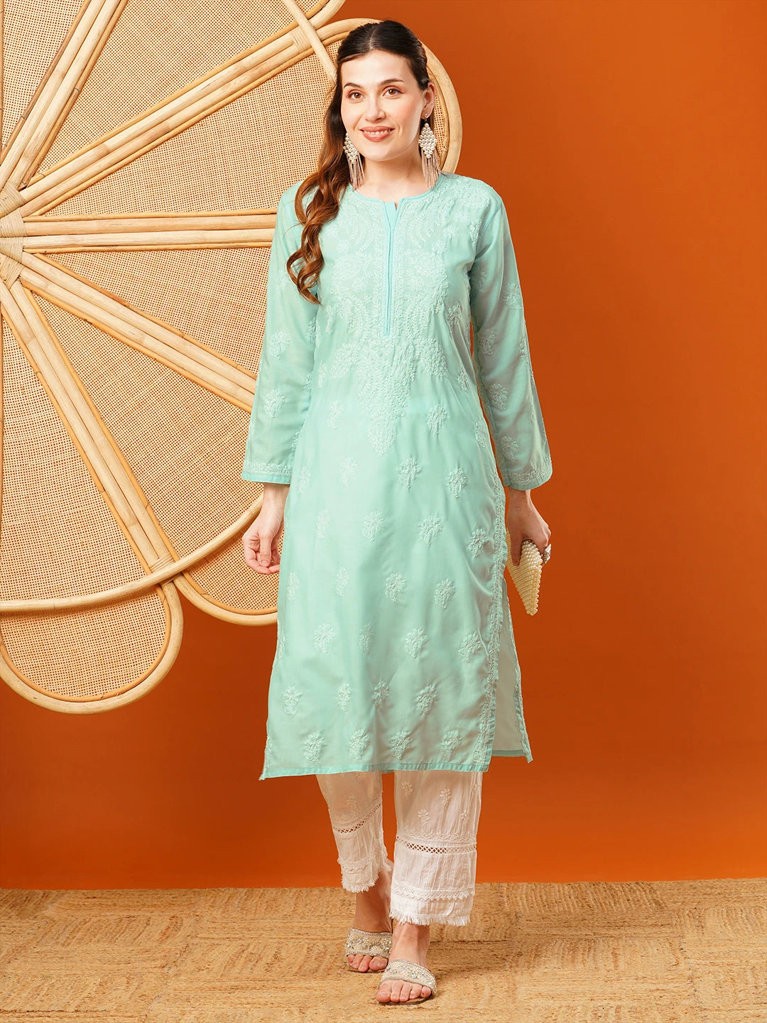 Ada Hand Embroidered Sea Green Cotton Lucknowi Chikankari Straight Kurta A411601