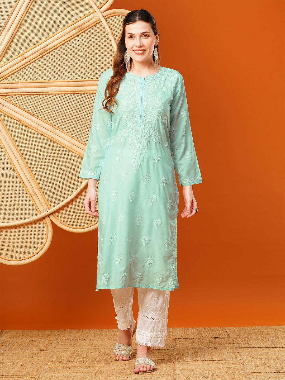 Ada Hand Embroidered Sea Green Cotton Lucknowi Chikankari Straight Kurta A411601