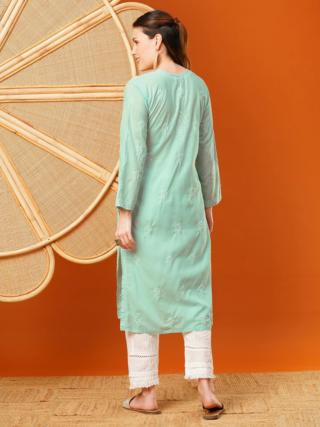 Ada Hand Embroidered Sea Green Cotton Lucknowi Chikankari Straight Kurta A411601