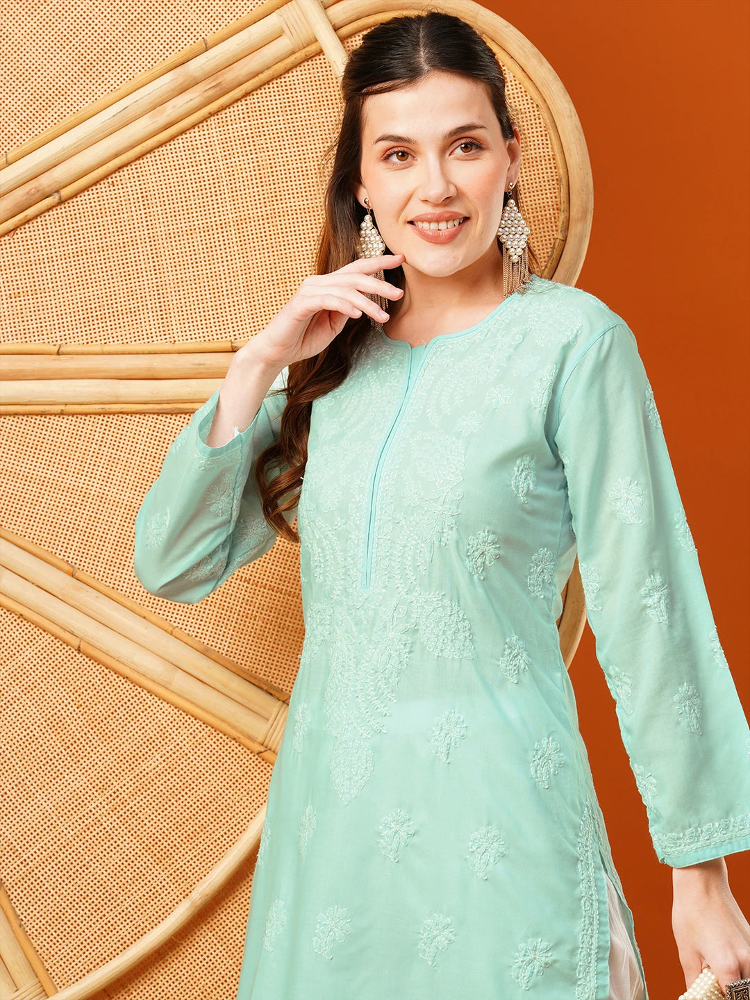 Ada Hand Embroidered Sea Green Cotton Lucknowi Chikankari Straight Kurta A411601