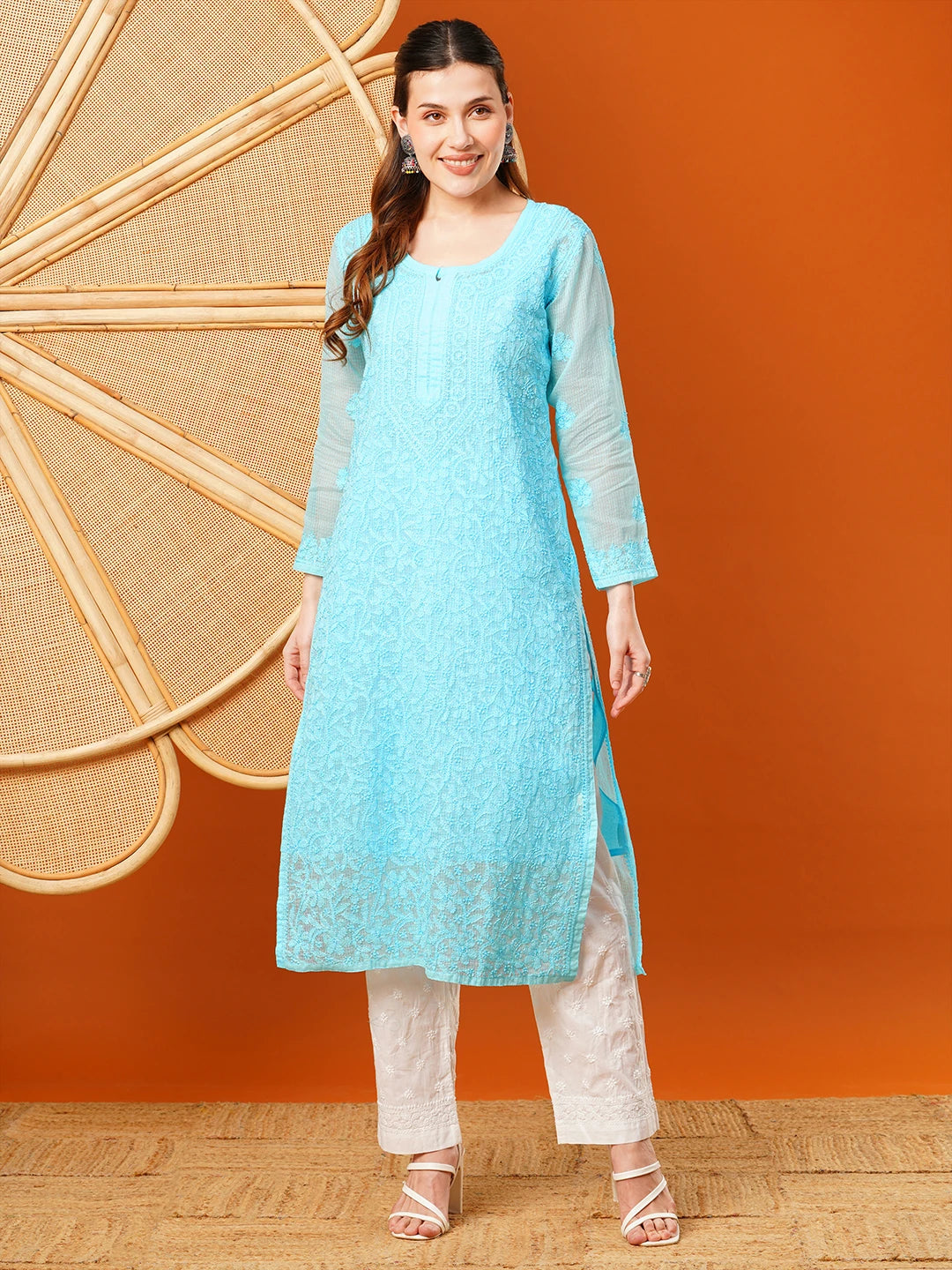 Ada Hand Embroidered Blue Kota Lucknow Chikankari Straight Kurta With Slip A411627