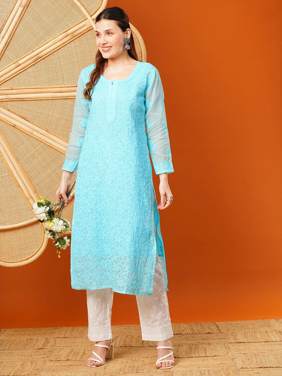 Ada Hand Embroidered Blue Kota Lucknow Chikankari Straight Kurta With Slip A411627