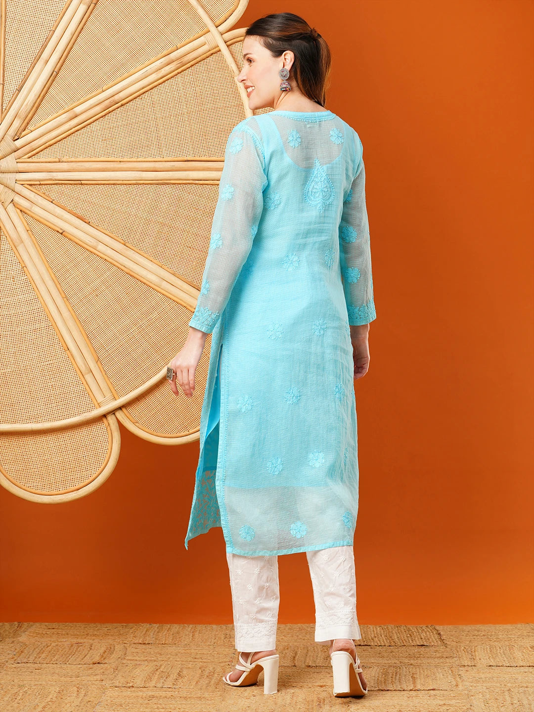 Ada Hand Embroidered Blue Kota Lucknow Chikankari Straight Kurta With Slip A411627