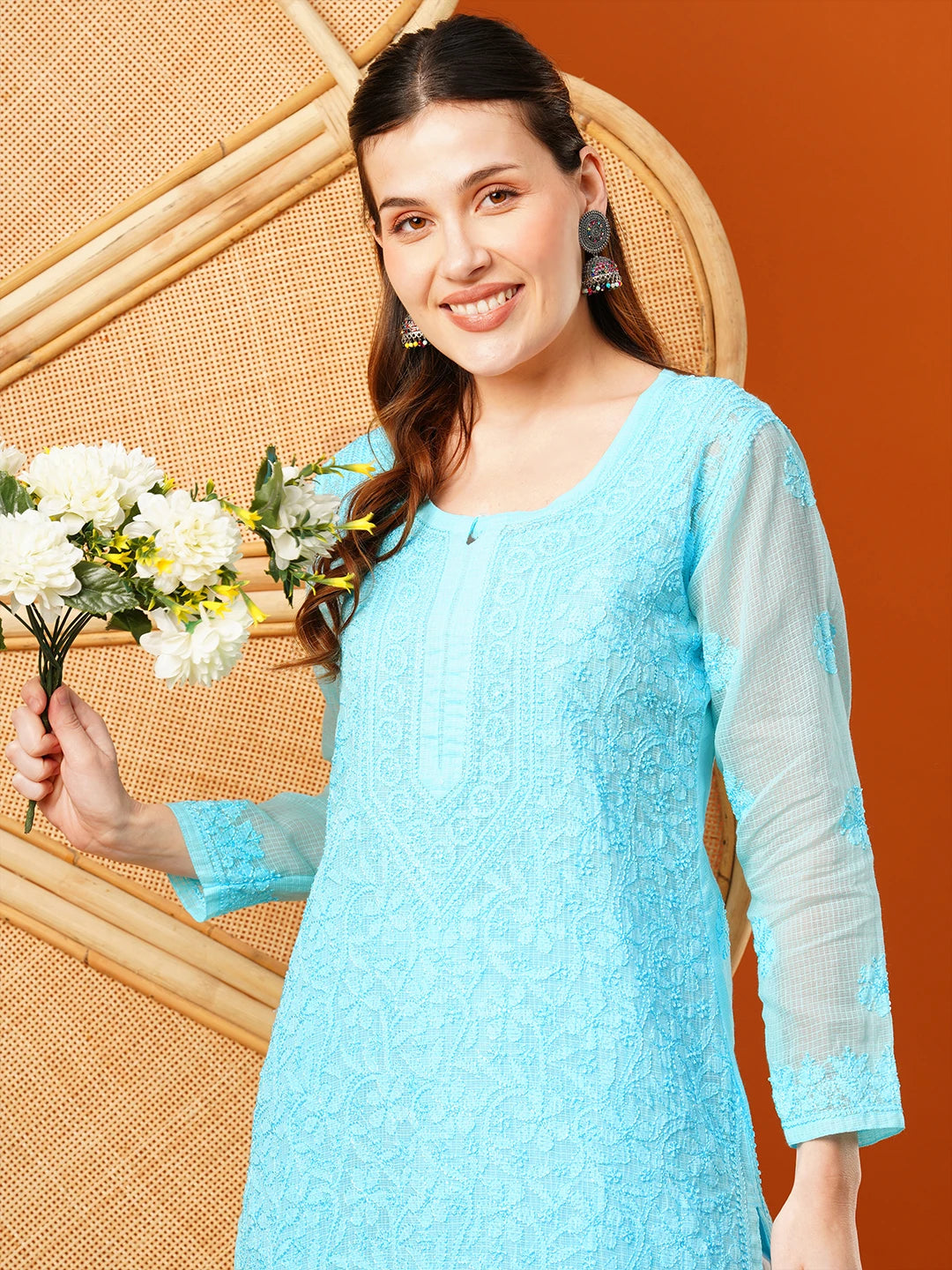 Ada Hand Embroidered Blue Kota Lucknow Chikankari Straight Kurta With Slip A411627
