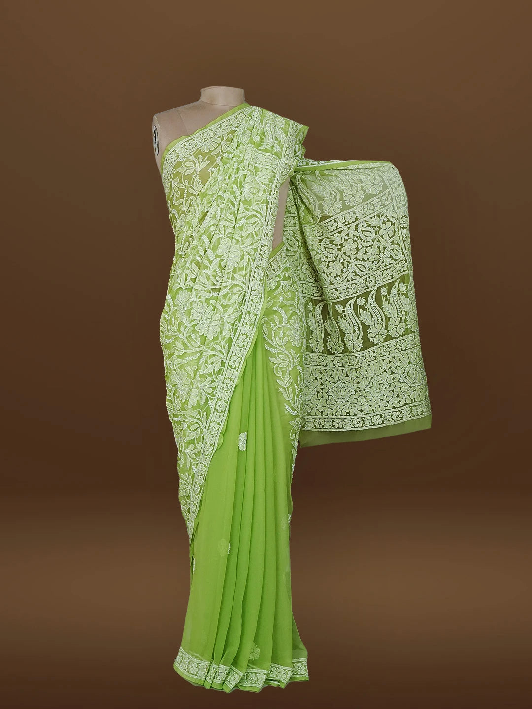 Ada Hand Embroidered Green Georgette Lucknowi Chikankari Saree With Blouse 01A583355