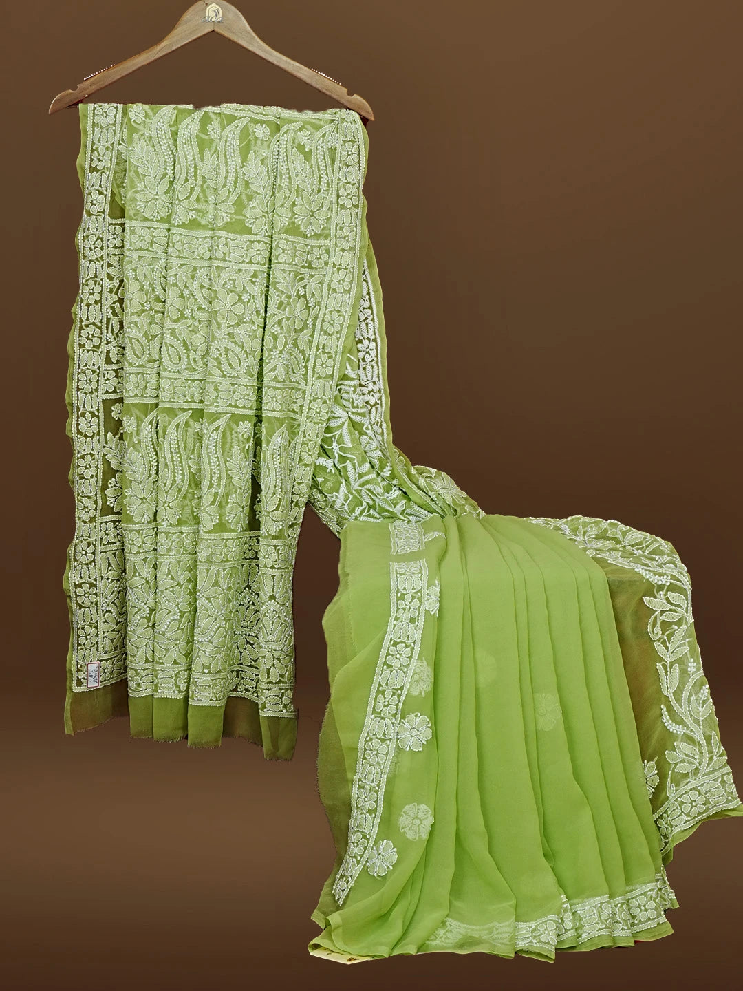 Ada Hand Embroidered Green Georgette Lucknowi Chikankari Saree With Blouse 01A583355