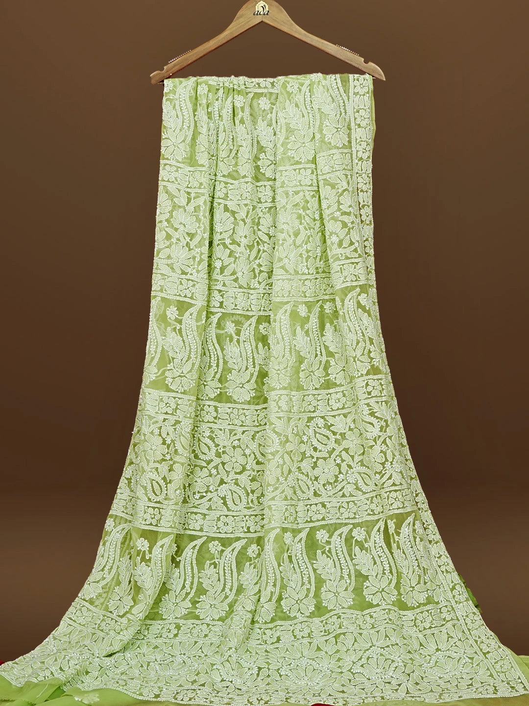 Ada Hand Embroidered Green Georgette Lucknowi Chikankari Saree With Blouse 01A583355