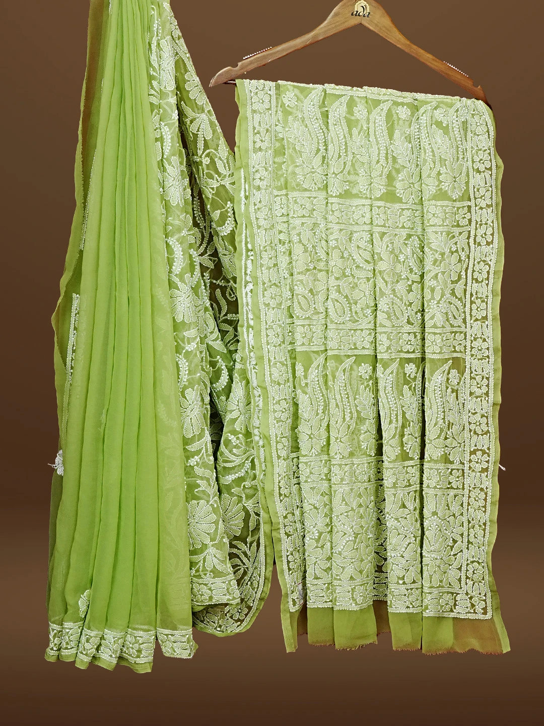 Ada Hand Embroidered Green Georgette Lucknowi Chikankari Saree With Blouse 01A583355