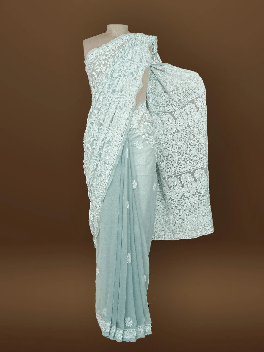 Ada Hand Embroidered Grey Georgette Lucknowi Chikankari Saree With Blouse 01A583329