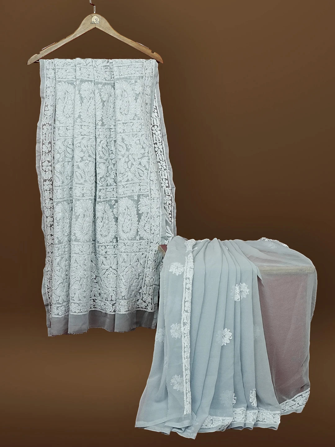 Ada Hand Embroidered Grey Georgette Lucknowi Chikankari Saree With Blouse 01A583329