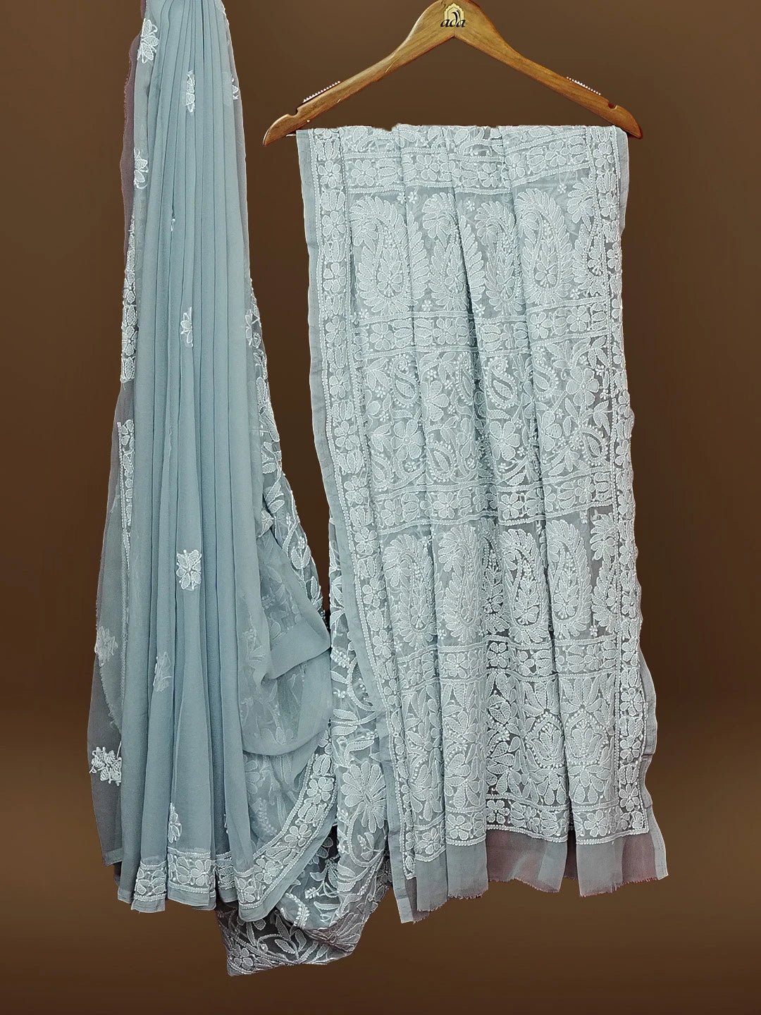 Ada Hand Embroidered Grey Georgette Lucknowi Chikankari Saree With Blouse 01A583329