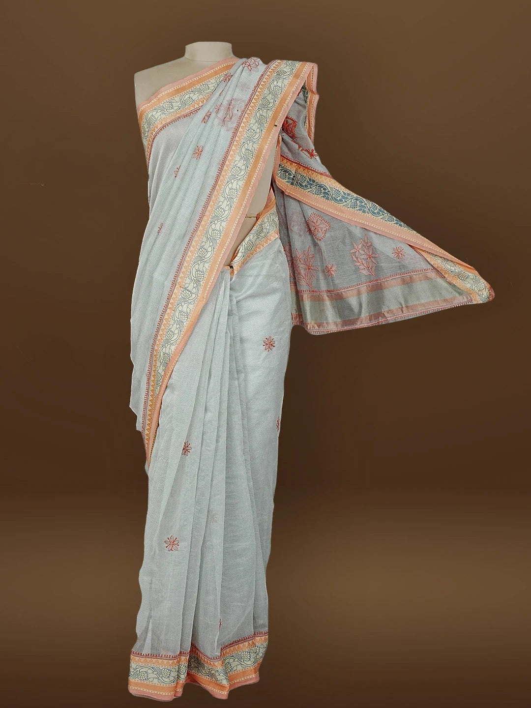 Ada Hand Embroidered Grey Chanderi Lucknowi Chikankari Saree With Blouse 01A582193