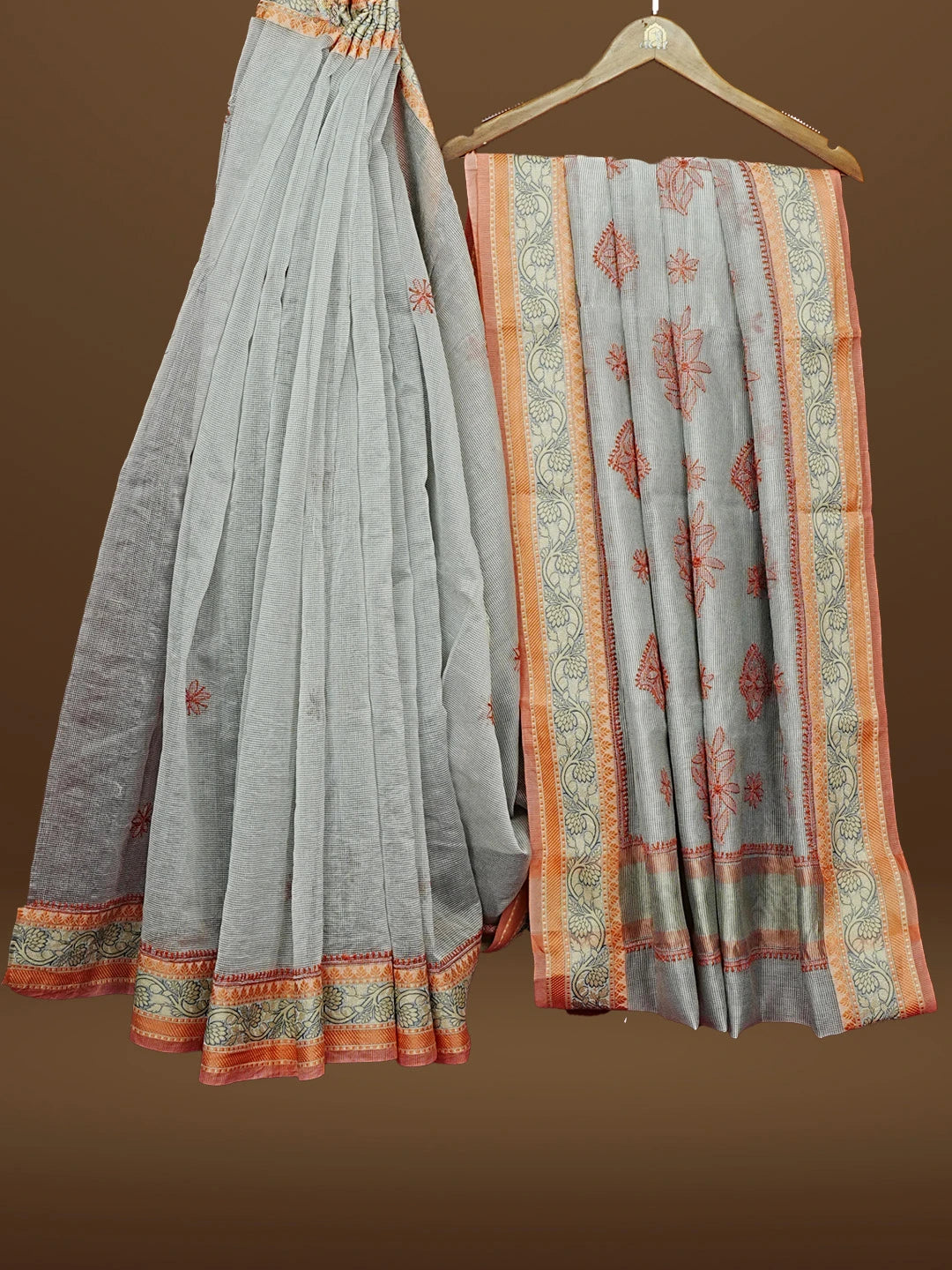 Ada Hand Embroidered Grey Chanderi Lucknowi Chikankari Saree With Blouse 01A582193