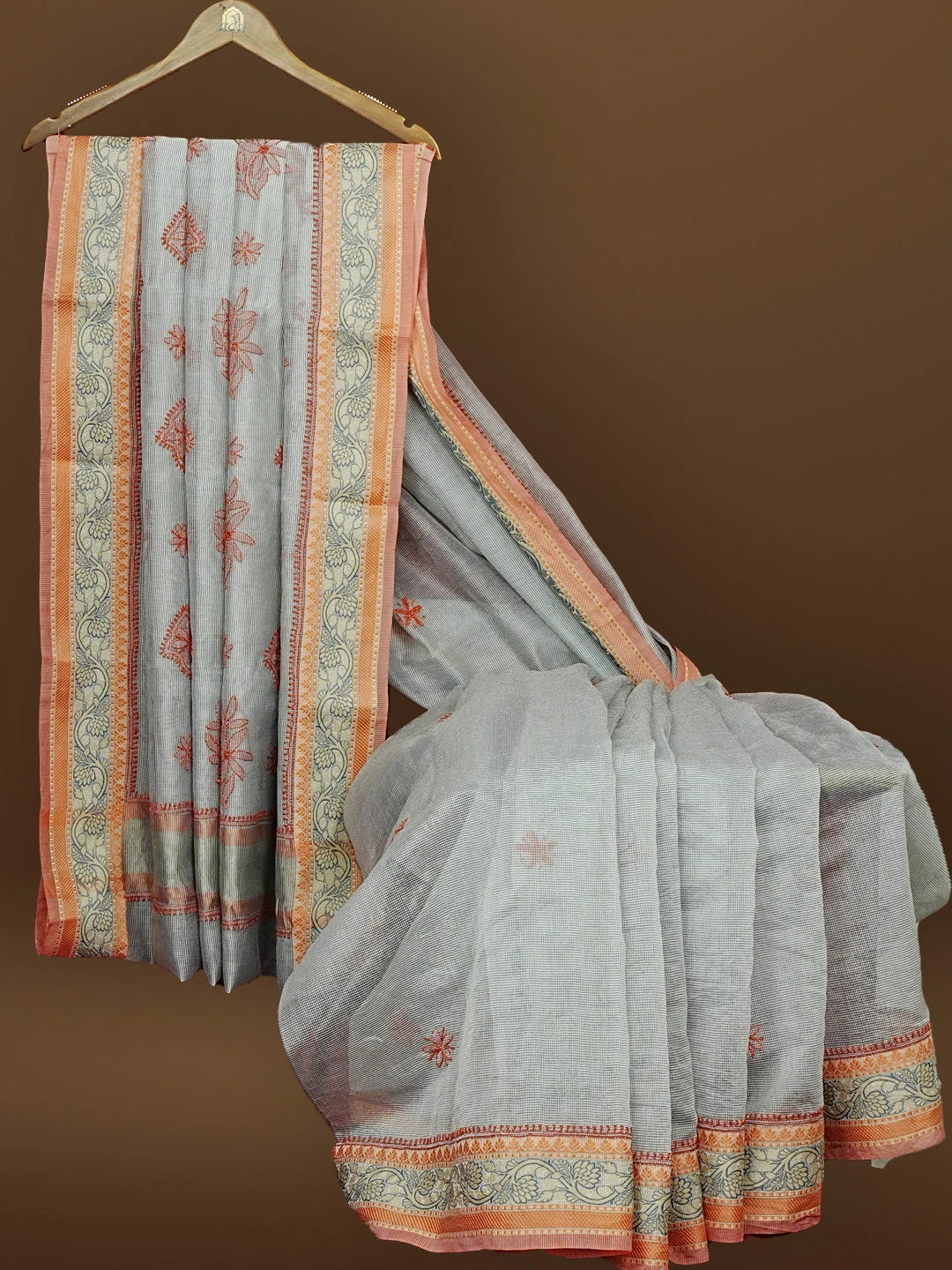 Ada Hand Embroidered Grey Chanderi Lucknowi Chikankari Saree With Blouse 01A582193