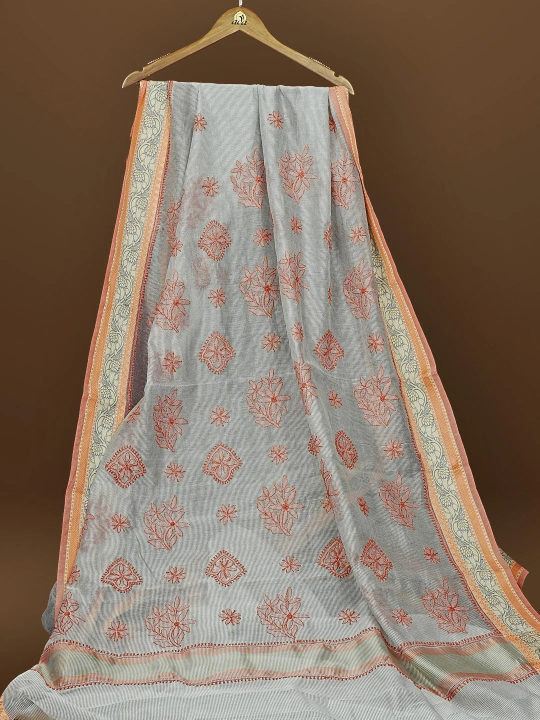 Ada Hand Embroidered Grey Chanderi Lucknowi Chikankari Saree With Blouse 01A582193
