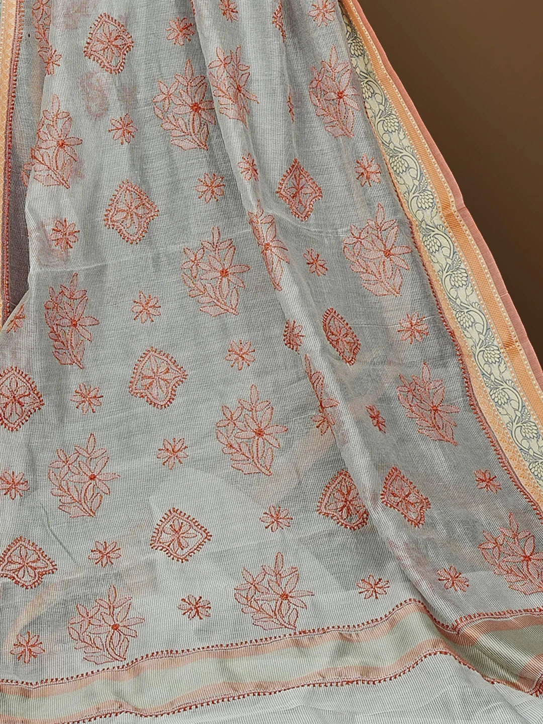 Ada Hand Embroidered Grey Chanderi Lucknowi Chikankari Saree With Blouse 01A582193