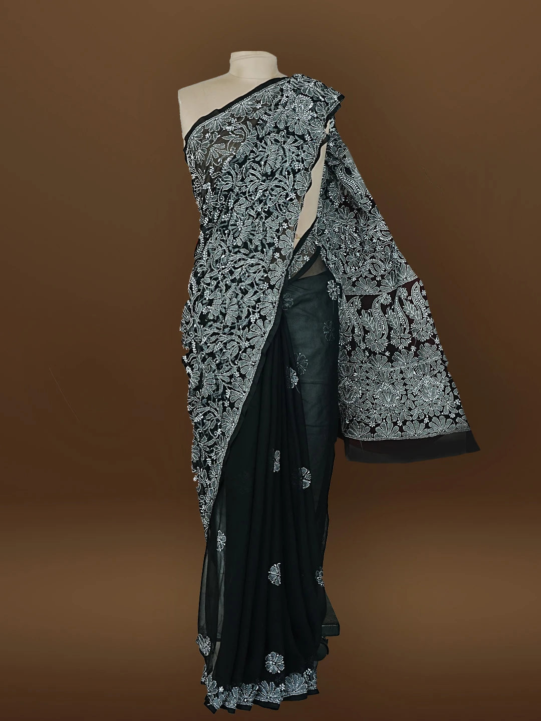 Ada Hand Embroidered Black Georgette Lucknowi Chikankari Saree With Blouse 01A583365
