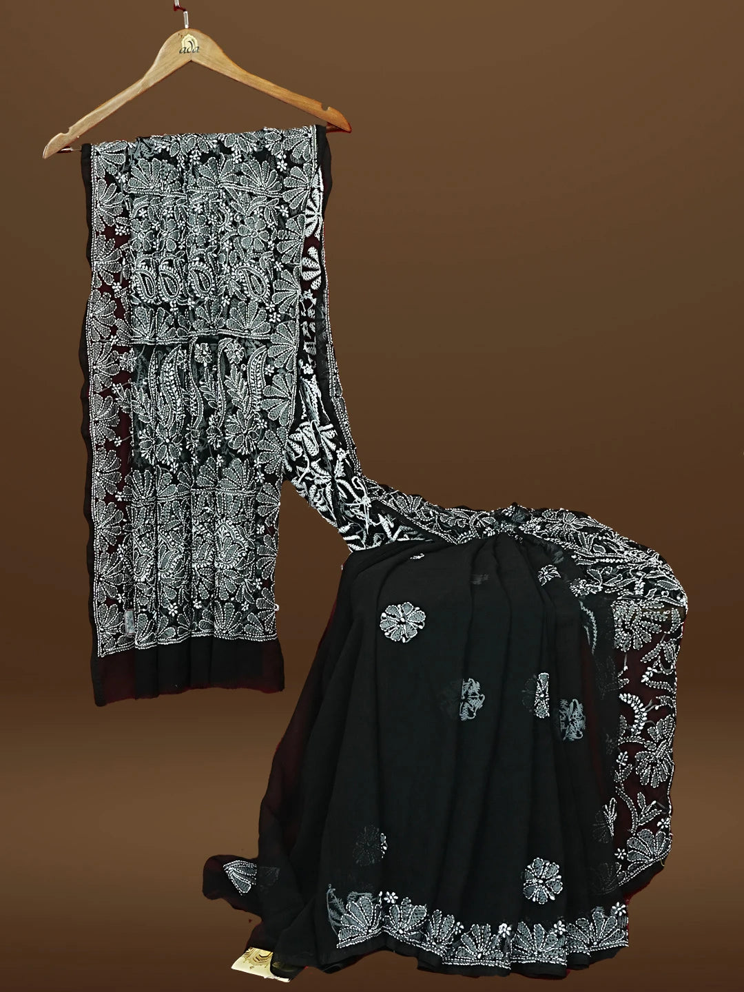 Ada Hand Embroidered Black Georgette Lucknowi Chikankari Saree With Blouse 01A583365