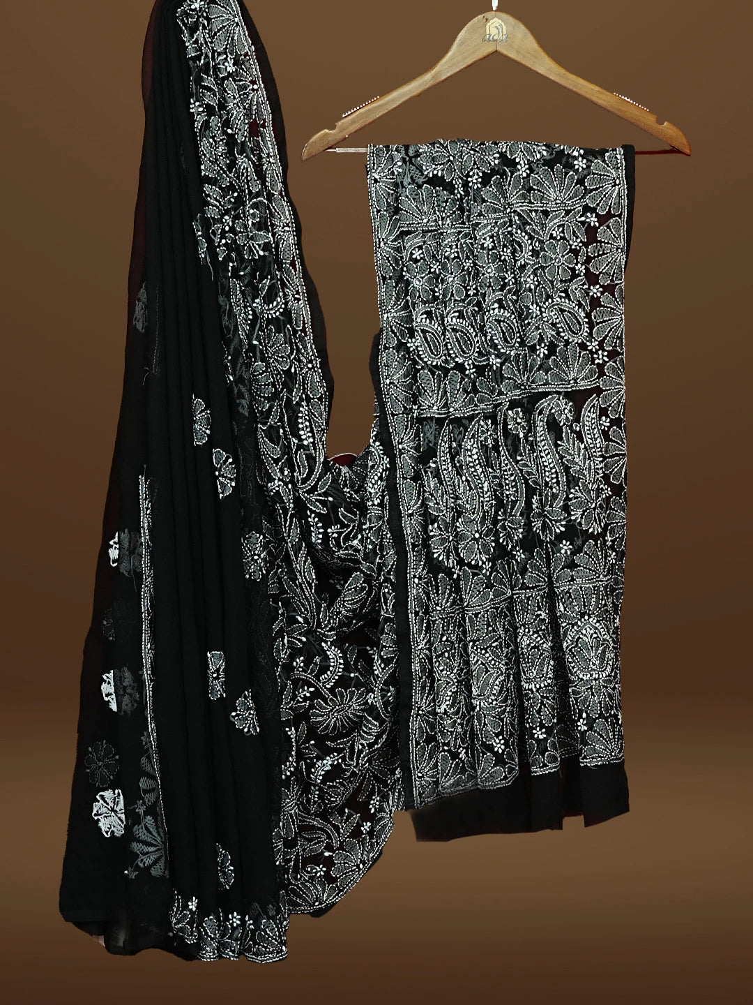 Ada Hand Embroidered Black Georgette Lucknowi Chikankari Saree With Blouse 01A583365