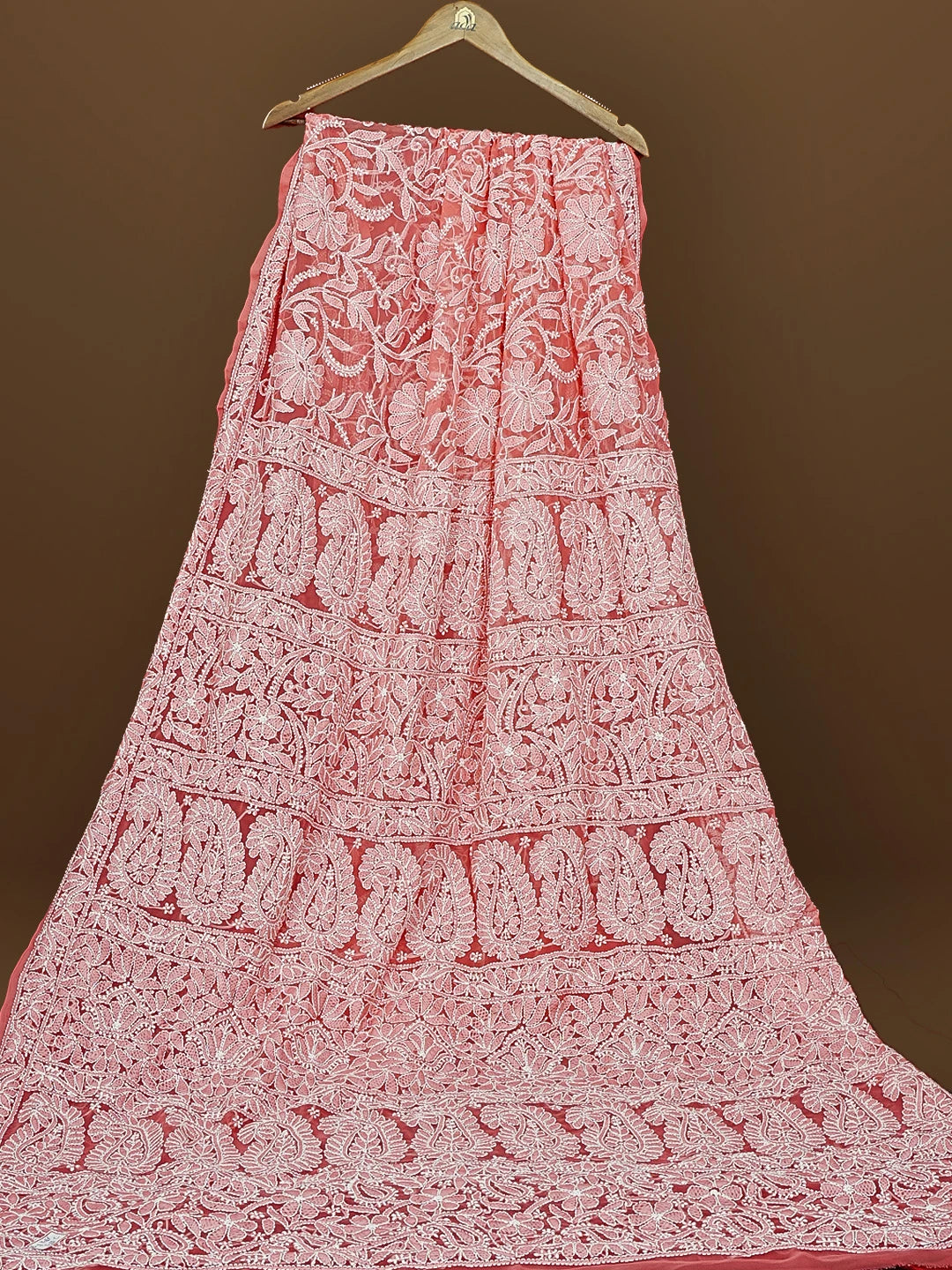 Ada Hand Embroidered Carrot Pink Fuax Georgette Lucknowi Chikankari Saree and Blouse 01A583303
