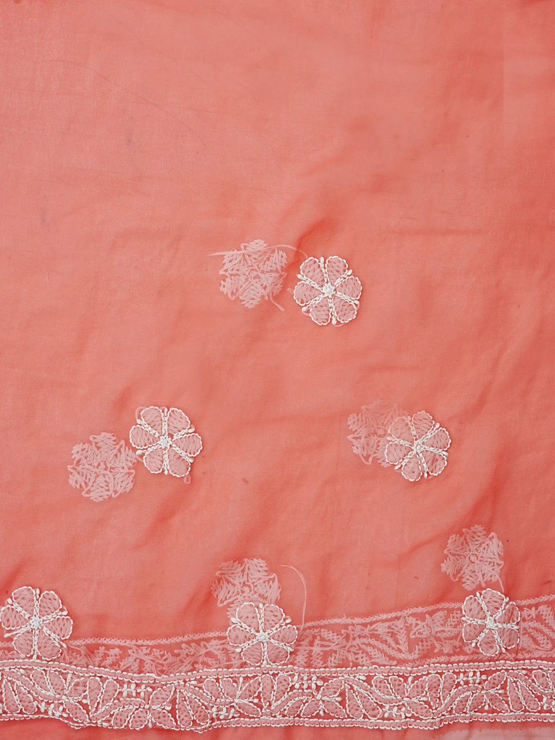 Ada Hand Embroidered Carrot Pink Fuax Georgette Lucknowi Chikankari Saree and Blouse 01A583303
