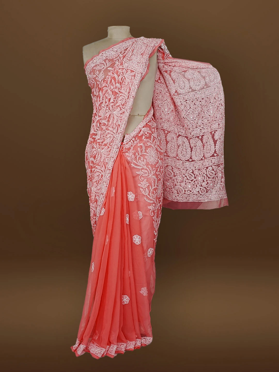 Ada Hand Embroidered Carrot Pink Fuax Georgette Lucknowi Chikankari Saree and Blouse 01A583303