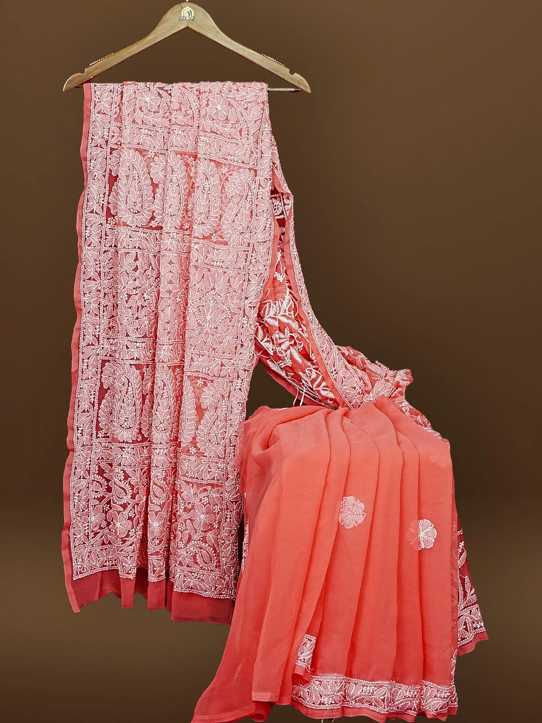 Ada Hand Embroidered Carrot Pink Fuax Georgette Lucknowi Chikankari Saree and Blouse 01A583303