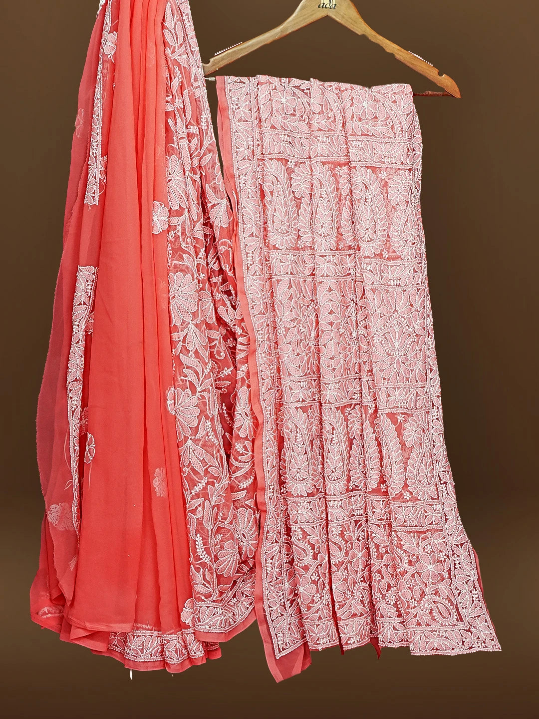 Ada Hand Embroidered Carrot Pink Fuax Georgette Lucknowi Chikankari Saree and Blouse 01A583303