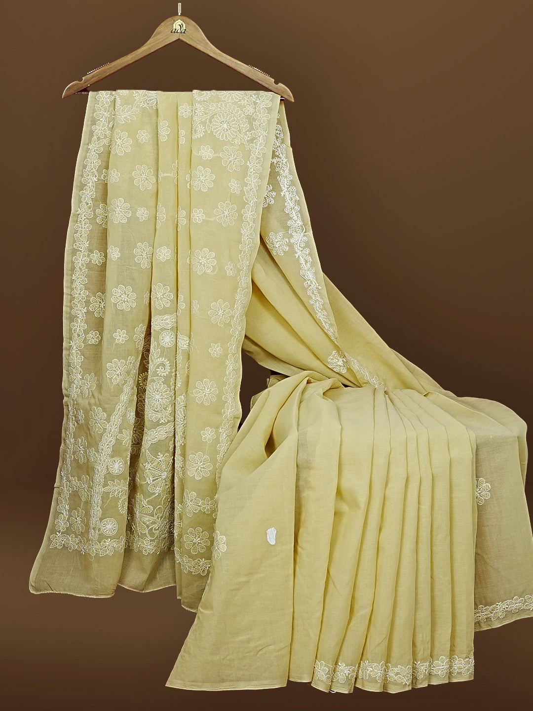 Ada Hand Embroidered Fawn Cotton Lucknowi Chikankari Saree and Blouse 01A583387