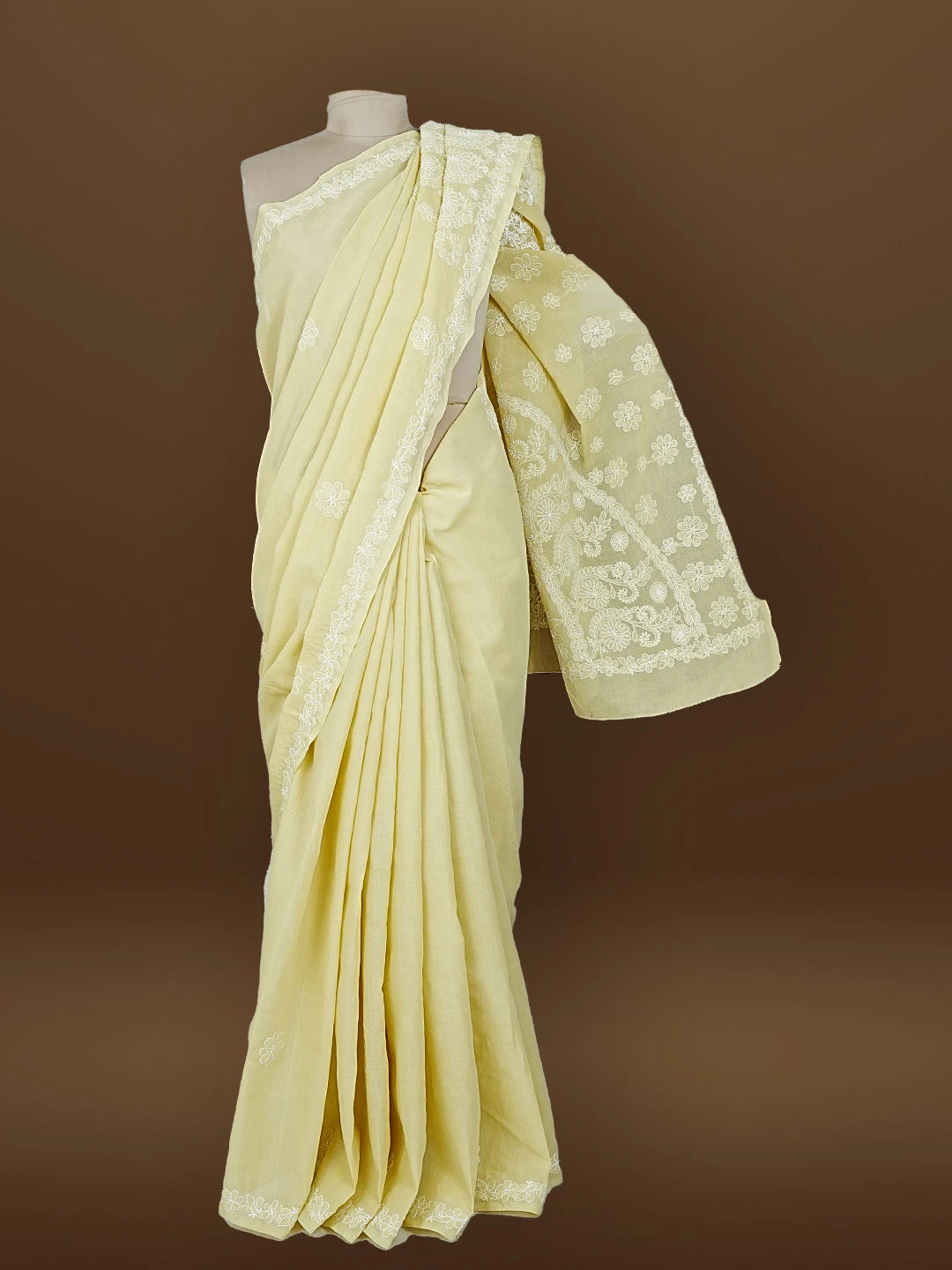 Ada Hand Embroidered Fawn Cotton Lucknowi Chikankari Saree and Blouse 01A583387