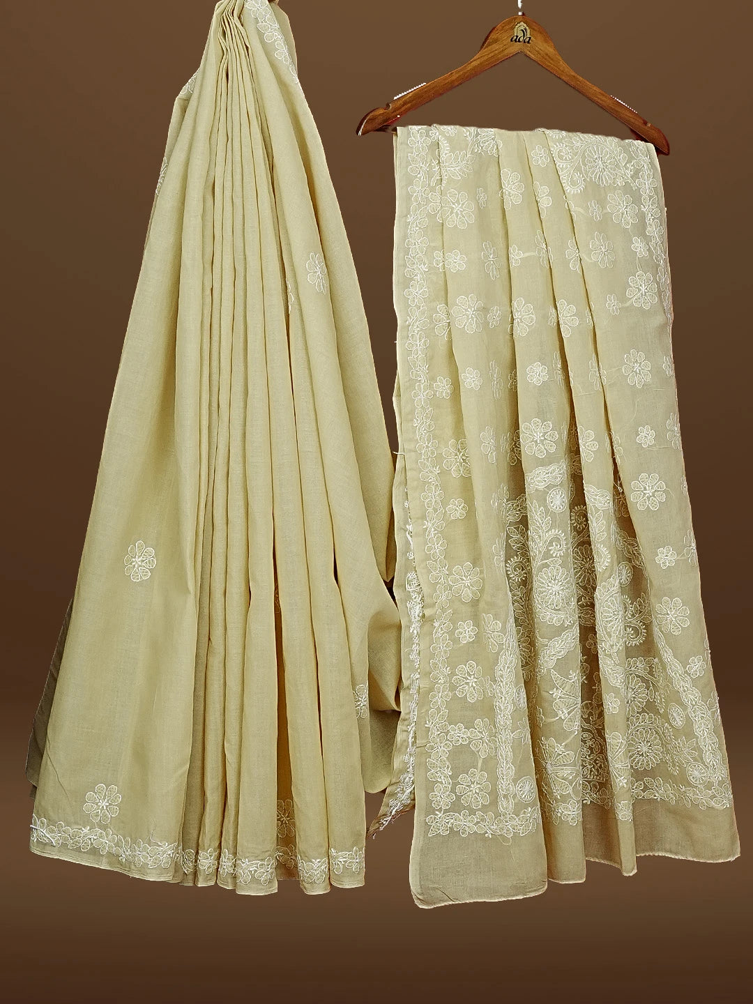 Ada Hand Embroidered Fawn Cotton Lucknowi Chikankari Saree and Blouse 01A583387