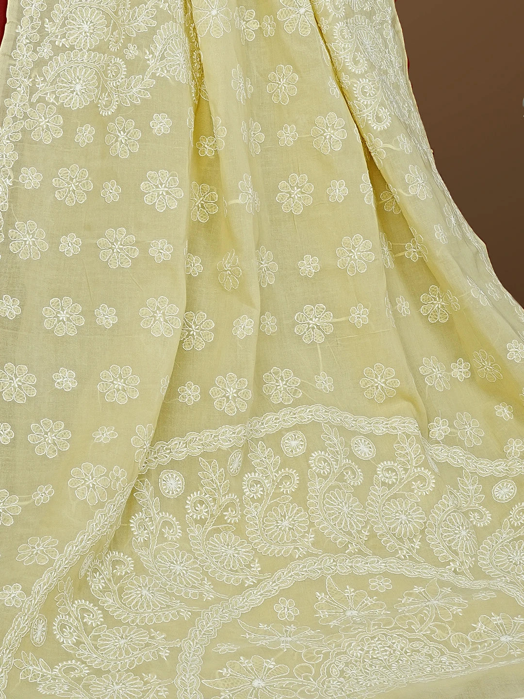 Ada Hand Embroidered Fawn Cotton Lucknowi Chikankari Saree and Blouse 01A583387