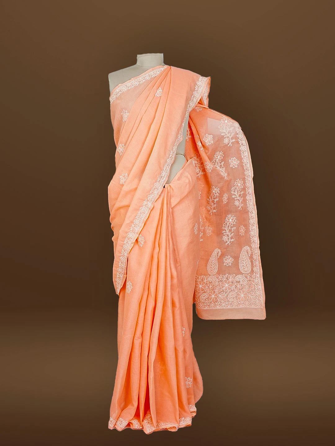 Ada Hand Embroidered Peach Cotton Lucknowi Chikankari Saree and Blouse 01A583390