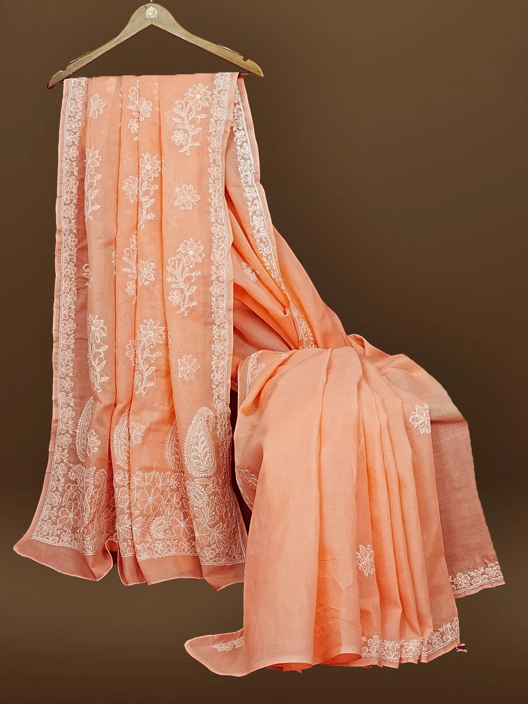 Ada Hand Embroidered Peach Cotton Lucknowi Chikankari Saree and Blouse 01A583390