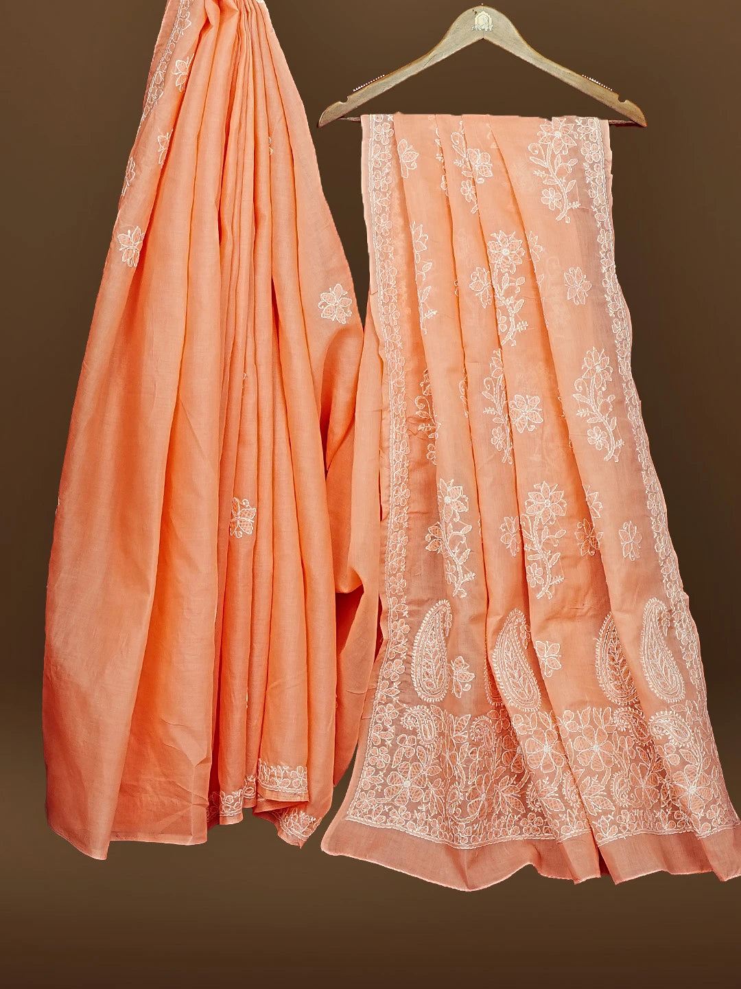 Ada Hand Embroidered Peach Cotton Lucknowi Chikankari Saree and Blouse 01A583390