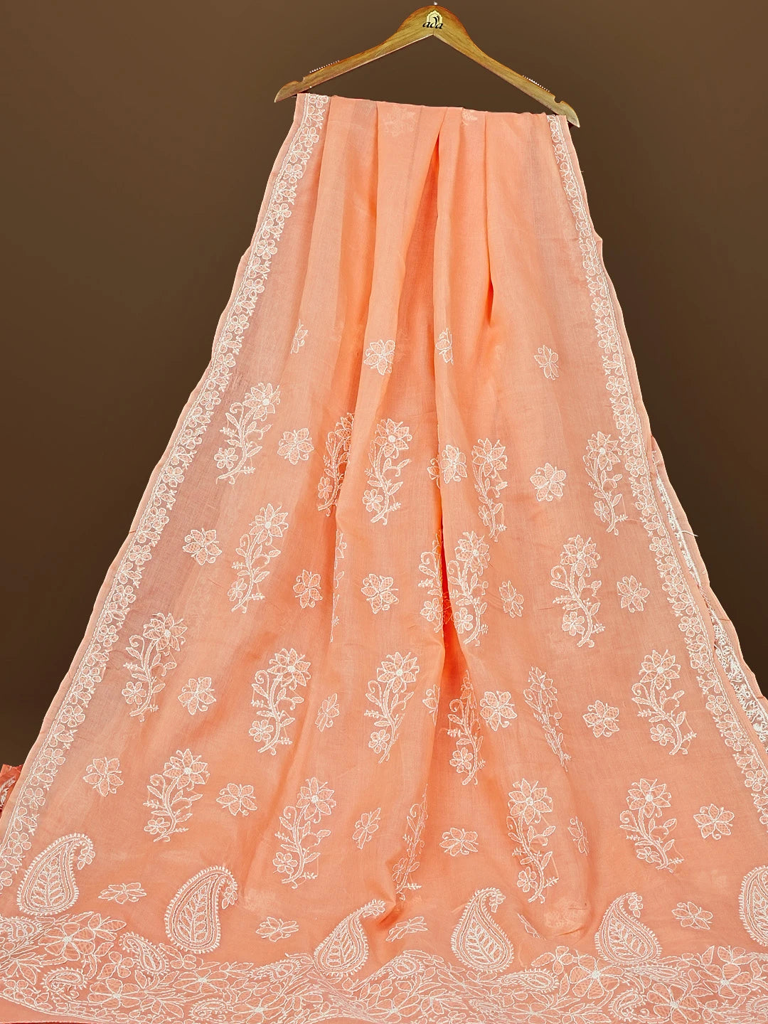 Ada Hand Embroidered Peach Cotton Lucknowi Chikankari Saree and Blouse 01A583390