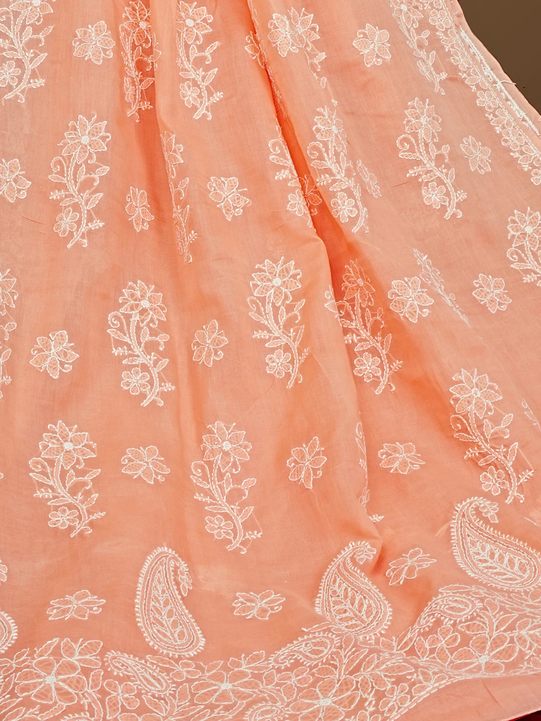 Ada Hand Embroidered Peach Cotton Lucknowi Chikankari Saree and Blouse 01A583390