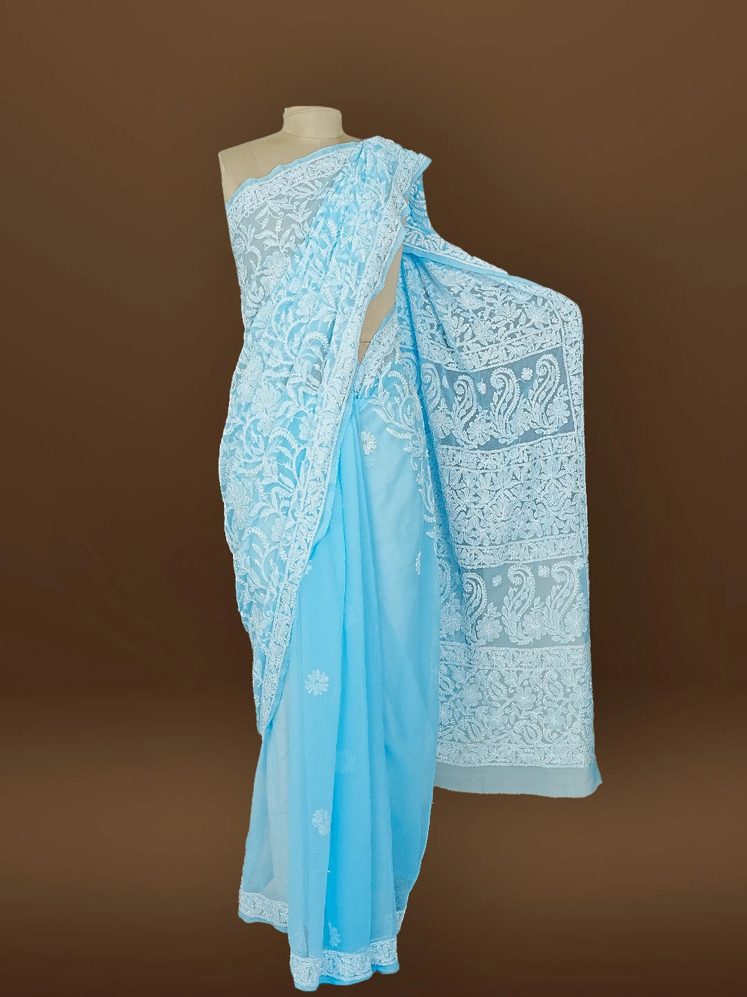 Ada Hand Embroidered Blue Georgette Lucknowi Chikankari Saree With Blouse 01A583318