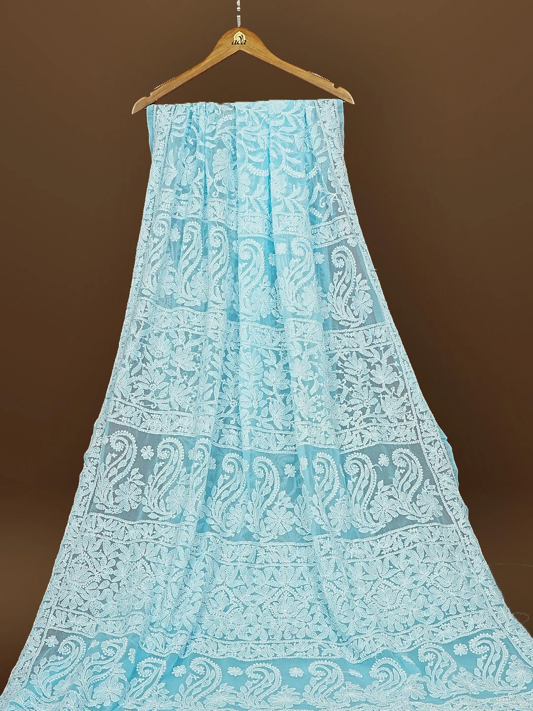 Ada Hand Embroidered Blue Georgette Lucknowi Chikankari Saree With Blouse 01A583318
