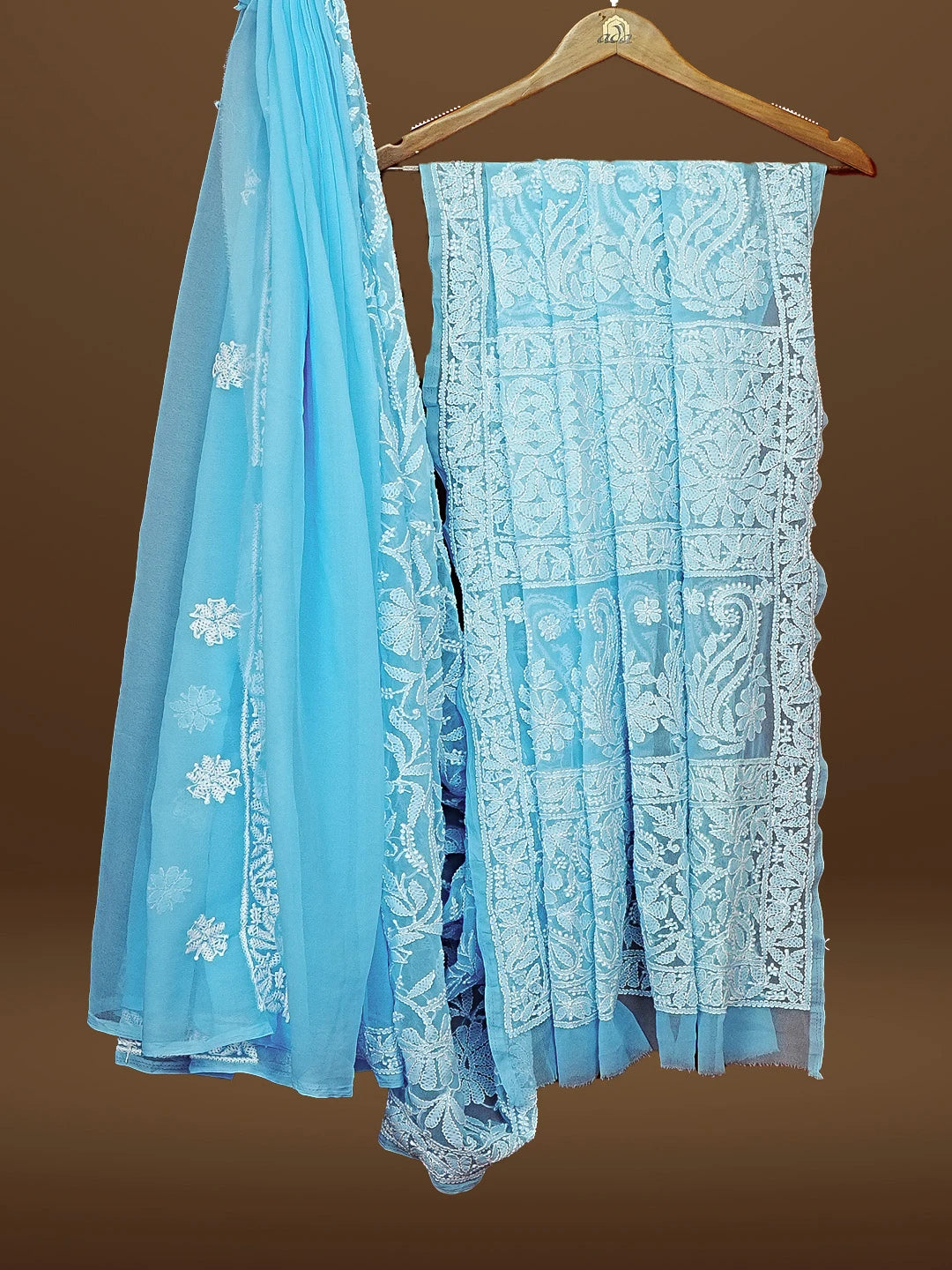 Ada Hand Embroidered Blue Georgette Lucknowi Chikankari Saree With Blouse 01A583318