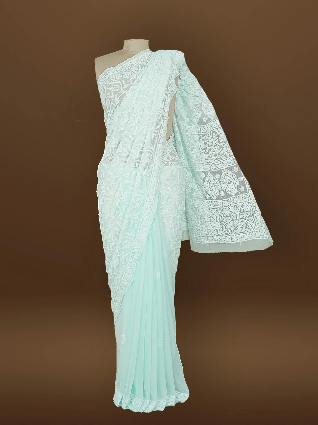 Ada Hand Embroidered Sea Green Georgette Lucknowi Chikankari Saree With Blouse 01A583332