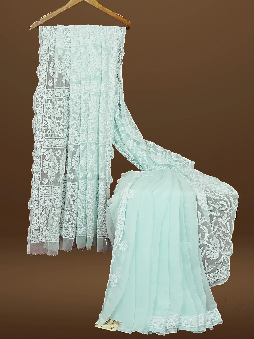 Ada Hand Embroidered Sea Green Georgette Lucknowi Chikankari Saree With Blouse 01A583332