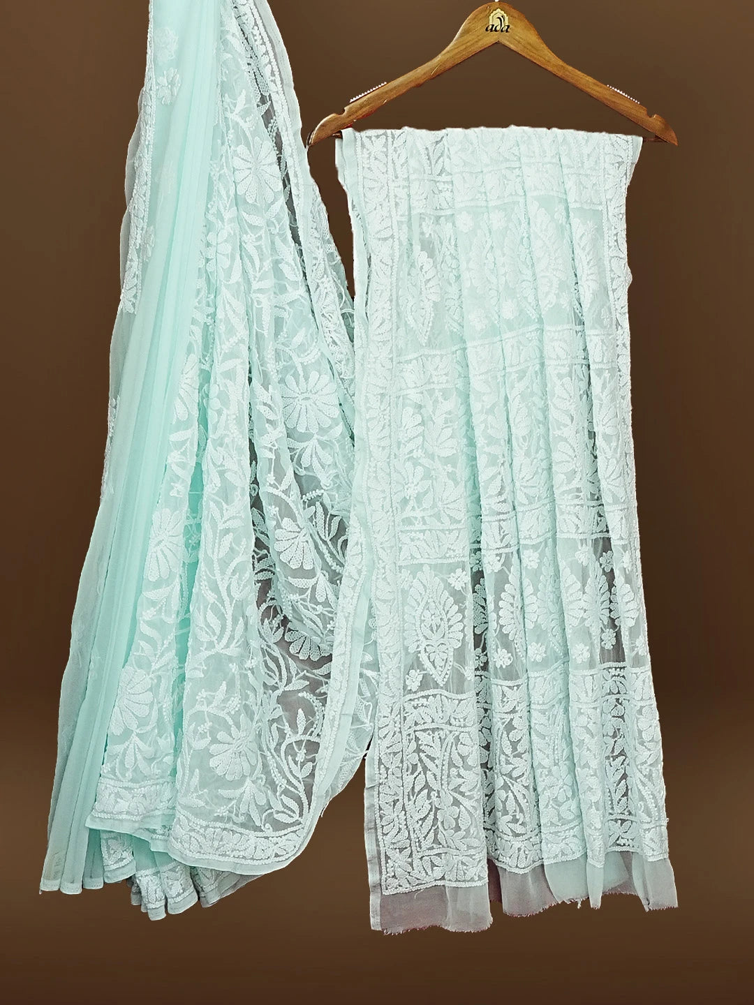 Ada Hand Embroidered Sea Green Georgette Lucknowi Chikankari Saree With Blouse 01A583332